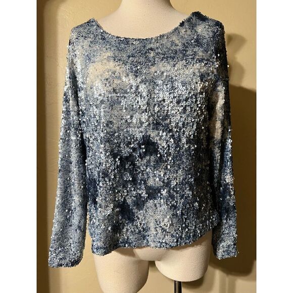 NWT Elliott Potion Blue & White Fully Sequined Blouse Size XSmall - Picture 1 of 4